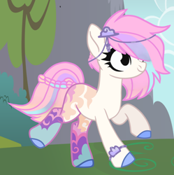 Size: 1114x1120 | Tagged: safe, artist:tkn297, oc, earth pony, pony, base used, black sclera, braid, braided tail, cascading cutie mark, colored hooves, earth pony oc, female, hooves, mare, outdoors, raised hoof, solo, tail