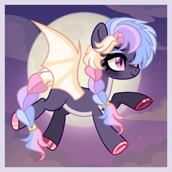 Size: 1909x1911 | Tagged: safe, artist:tkn297, oc, oc:night bite, bat pony, pony, female, flying, mare, moon, night, outdoors, passepartout, solo