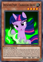 Size: 813x1177 | Tagged: safe, artist:badumsquish, derpibooru exclusive, twilight sparkle, changeling, pony, unicorn, g4, card, card game, ccg, disguise, disguised changeling, dreamworks face, effect monster card, evil smile, fangs, female, fire, green fire, horn, looking at you, mare, monster card, open mouth, open smile, raised hoof, shapeshifting, show accurate, sitting, smiling, solo, tail, trading card, transformation, unicorn twilight, windswept mane, windswept tail, yu-gi-oh!, yugioh card