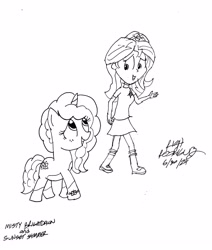 Size: 2368x2797 | Tagged: safe, artist:newportmuse, misty brightdawn, sunset shimmer, human, pony, unicorn, equestria girls, g4, g5, 2024, black and white, boots, bracelet, clothes, duo, duo female, female, freckles, friendship bracelet, generational ponidox, grayscale, horn, jewelry, looking at each other, looking at someone, mare, monochrome, open mouth, open smile, raised hand, shoes, signature, smiling, tail, wip