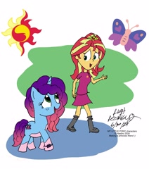 Size: 2389x2817 | Tagged: safe, artist:newportmuse, misty brightdawn, sunset shimmer, human, pony, unicorn, equestria girls, g4, g5, 2024, boots, bracelet, clothes, colored, duo, duo female, female, freckles, friendship bracelet, generational ponidox, horn, jewelry, looking at each other, looking at someone, mare, misty brightdawn's cutie mark, open mouth, open smile, raised hand, shoes, signature, smiling, sunset shimmer's cutie mark, tail