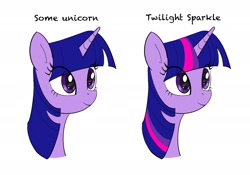 Size: 2388x1668 | Tagged: safe, artist:arkhat, twilight sparkle, pony, unicorn, g4, bust, colored sketch, comparison, eye clipping through hair, female, mare, parody, portrait, reference in the description, show accurate, sketch, smiling, striped mane, text, unicorn twilight