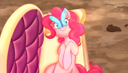 Size: 2524x1440 | Tagged: safe, artist:dd-mlp, pinkie pie, butterfly, earth pony, pony, g4, my little pony: friendship is magic, too many pinkie pies, butterfly on nose, cute, diapinkes, fainting couch, female, insect on nose, lying down, mare, on back, scene interpretation, smiling, solo