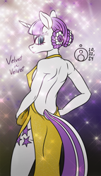 Size: 688x1200 | Tagged: safe, artist:sepiakeys, twilight velvet, unicorn, anthro, g4, backless, clothes, colored, dress, female, horn, side slit, solo