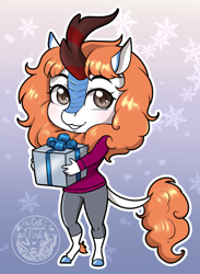 Size: 2249x3073 | Tagged: safe, artist:askbubblelee, oc, oc only, oc:jeanne geld, kirin, anthro, unguligrade anthro, anthro oc, chibi, christmas, christmas 2024, clothes, cute, digital art, female, hearth's warming eve, hearth's warming eve 2024, holiday, kirin oc, leonine tail, mare, ocbetes, pants, present, smiling, solo, sweater, tail