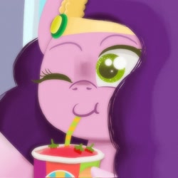 Size: 2048x2048 | Tagged: safe, artist:cloud artist, pipp petals, pegasus, pony, g5, adorapipp, bust, cute, diadem, drink, drinking, drinking straw, female, food, jewelry, mare, one eye closed, portrait, regalia, smiling, smoothie, solo, strawberry, unshorn fetlocks, wink