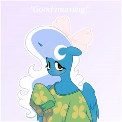 Size: 6890x6890 | Tagged: safe, artist:riofluttershy, oc, oc only, oc:fleurbelle, alicorn, pony, alicorn oc, blushing, bow, clothes, female, gradient background, hair bow, horn, mare, pajamas, pink bow, sleepy, solo, text, two toned hair, two toned mane, wings, yellow eyes