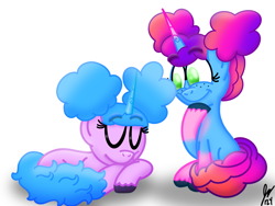 Size: 2160x1620 | Tagged: safe, artist:jesslmc16, izzy moonbow, misty brightdawn, unicorn, g5, afro puffs, alternate hairstyle, cute, digital art, duo, duo female, eyes closed, female, freckles, horn, izzybetes, lying down, mare, mistybetes, rebirth misty, signature, simple background, sitting, sleeping, smiling, white background