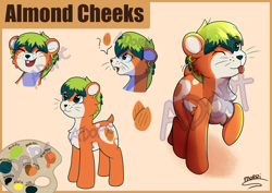 Size: 4960x3508 | Tagged: safe, artist:morrigun, oc, oc only, oc:almond cheeks, pony, adoptable, bucktooth, closed mouth, description is relevant, eyes closed, eyes open, green mane, hamster ears, hamster pony, laughing, looking at you, nuts, one eye closed, open mouth, orange coat, palette, reference sheet, sad, signature, standing, text, tongue out, watermark, whiskers, wink, winking at you