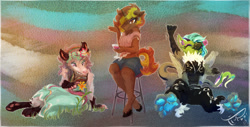 Size: 989x502 | Tagged: safe, artist:tiothebeetle, oc, oc:fluffy (the griffon), oc:note worthy, griffon, unicorn, anthro, alcohol, anthro oc, barstool, beans, chair, clothes, denim, denim shorts, dress, drink, flower, flower in hair, food, grass, griffon oc, horn, pants, paw pads, paws, pride, pride flag, relaxing, resting, shirt, shorts, sitting, stool, stretching, toe beans, transgender, transgender oc, transgender pride flag, underpaw, waving, waving at you