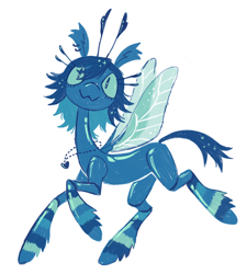 Size: 1062x1182 | Tagged: safe, artist:peaceandlove26, oc, oc only, oc:diptera, changepony, hybrid, g4, :3, antennae, big eyes, blue body, blue eyes, blue mane, blue sclera, blue tail, changeling oc, colored sclera, ear fluff, ear piercing, earring, eyelashes, facing you, heart necklace, interspecies offspring, jewelry, leg markings, leg stripes, long eyelashes, looking at you, magical lesbian spawn, necklace, offspring, parent:queen chrysalis, parent:trixie, parents:trixalis, piercing, shaggy mane, shiny body, short mane, short tail, simple background, smiling, smiling at you, solo, sparkles, sparkly mane, sparkly tail, spread wings, stripes, tail, turned head, white background, wings