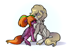 Size: 3300x2300 | Tagged: safe, artist:mylittlegodzilla, derpibooru exclusive, oc, oc only, oc:beatrice creux, oc:gray bird, pegasus, pony, blushing, chest fluff, cuddling, duo, female, male, ship:graycreux, shipping, simple background, sitting, straight, white background