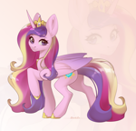 Size: 1959x1881 | Tagged: safe, artist:dark_lu, princess cadance, alicorn, pony, g4, colored wings, crown, female, folded wings, gradient wings, hoof shoes, horn, jewelry, mare, peytral, princess shoes, raised hoof, regalia, side view, solo, tail, three toned mane, three toned tail, two toned wings, wings