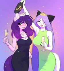 Size: 1320x1483 | Tagged: safe, artist:katputze, oc, oc only, oc:cherubisous, oc:icy (katputze), cat, unicorn, anthro, alcohol, big breasts, blushing, breasts, champagne, champagne glass, cleavage, clothes, confetti, cute, dress, duo, duo female, eyebrows, eyebrows visible through hair, eyes closed, female, furry, furry oc, gradient background, horn, huge breasts, jewelry, mare, necklace, open mouth, open smile, shoulder fluff, smiling, tiara, wine