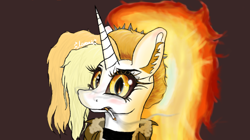 Size: 1916x1075 | Tagged: safe, artist:illagain, oc, oc only, oc:dyx, alicorn, pony, bust, cigarette, clothes, colored pinnae, ear fluff, female, fiery mane, fire, looking at you, mare, not daybreaker, smoking, solo