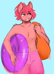 Size: 1500x2036 | Tagged: safe, artist:cherubisous, oc, oc only, unicorn, anthro, eyebrows, eyebrows visible through hair, grin, horn, inner tube, light blue background, male, pool toy, simple background, smiling, solo, stallion, swimming trunks, swimsuit