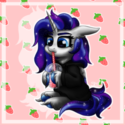 Size: 2000x2000 | Tagged: safe, artist:sunamoonmlp, derpibooru exclusive, oc, oc only, oc:sunamoon, alicorn, pony, g4, bubble tea, clothes, cute, drink, drinking, female, food, hoodie, horn, mare, sitting, stars, strawberry, wings