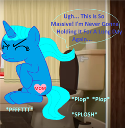 Size: 1928x1964 | Tagged: safe, artist:memeartboi, pony, unicorn, g4, bathroom, but why, constipated, eyes closed, female, grunt, grunting, horn, imminent flush, implied farting, implied pooping, indoors, mare, massive, mother, nicole watterson, onomatopoeia, plop, ponified, pushing, sitting, sitting on toilet, solo, sound effects, speech bubble, struggling, text, the amazing world of gumball, toilet, toilet humor, toilet paper, unicorn horn