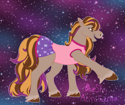 Size: 1363x1144 | Tagged: safe, artist:azira faerinx, horse, brown coat, brown mane, canon, clothes, colored hooves, dreamer (wild manes), dress, female, galaxy, hoof fluff, hooves, leg out, mare, multicolored hair, multicolored mane, natural coat color, open mouth, open smile, pose, purple mane, quadrupedal, raised hoof, smiling, solo, space, sparkles, stars, wild manes