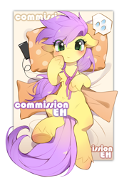 Size: 2916x4200 | Tagged: safe, artist:amo, oc, oc only, earth pony, pony, bed, blushing, cellphone, chest fluff, commission, earbuds, emoji, female, frog (hoof), hoof on cheek, looking at you, lying down, mare, neck ribbon, on back, on bed, out of frame, passepartout, phone, pillow, polka dots, smartphone, solo, speech bubble, text, underhoof, unshorn fetlocks, 💦