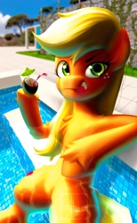 Size: 1264x2048 | Tagged: safe, artist:itxi_izalith, applejack, pony, g4, drink, female, hatless, looking at you, mare, missing accessory, solo, swimming pool