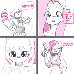 Size: 2048x2048 | Tagged: safe, artist:itxi_izalith, fluttershy, oc, pegasus, anthro, comic, dialogue, eye clipping through hair, female, furry, gun, injured, wavy mouth, weapon