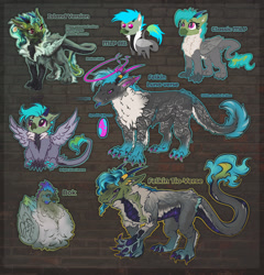 Size: 1700x1773 | Tagged: safe, artist:tiothebeetle, oc, oc only, oc:fluffy (the griffon), bird, chicken, dragon, felkin, griffon, hybrid, original species, pony, :p, ^^, beans, black scales, blue hair, blue horns, blue tongue, claws, colorful, commission, cute, design, dragoness, eyes closed, eyeshadow, female, flower, flower in hair, folded wings, food, gray coat, gray fur, grin, halo, happy, horn, horn ring, horns, jewelry, makeup, neon, paw pads, paws, pink eyes, pointy ponies, puppy dog eyes, quadrupedal, reference sheet, ring, scales, simple background, slit pupils, smiling, smug, solo, solo female, teeth, text, toe beans, tongue out, toothy grin, transgender oc, underpaw, white fur, wings