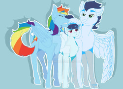 Size: 800x577 | Tagged: safe, artist:pegagamer, rainbow dash, soarin', oc, oc:vaper hue, pegasus, pony, g4, female, male, mare, offspring, parent:rainbow dash, parent:soarin', parents:soarindash, ship:soarindash, shipping, stallion, straight