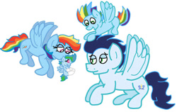 Size: 749x474 | Tagged: safe, artist:snoopy7c7, rainbow dash, soarin', oc, oc:bolty, oc:snowdrop, pegasus, pony, g4, female, male, mare, offspring, parent:rainbow dash, parent:soarin', parents:soarindash, ship:soarindash, shipping, stallion, straight