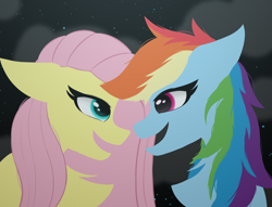 Size: 1700x1300 | Tagged: safe, artist:twinky, fluttershy, rainbow dash, pegasus, pony, g4, chest fluff, cloud, female, lesbian, looking at each other, looking at someone, mare, night, night sky, ship:flutterdash, shipping, sky, smiling