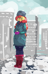 Size: 2944x4448 | Tagged: safe, artist:ponny, sunset shimmer, human, equestria girls, g4, bipedal, blushing, city, clothes, cloud, coat, coffee cup, colored, cup, hat, outdoors, snow, solo, standing