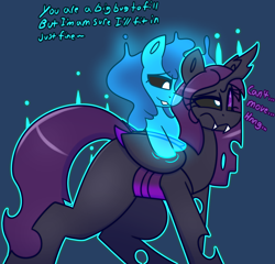 Size: 4182x4016 | Tagged: oc name needed, safe, artist:askhypnoswirl, oc, oc only, changeling, changeling queen, ghost, ghost pony, undead, changeling oc, commission, duo, duo female, female, possessed, possession, purple changeling, resisting