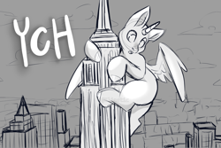 Size: 2351x1567 | Tagged: safe, artist:elinetic, alicorn, pony, any gender, any race, auction, black and white, building, city, cityscape, commission closed, empire state building, giant alicorn, grayscale, king kong, looking down, macro, monochrome, open mouth, signature, sky, skyscraper, solo, spread wings, unshorn fetlocks, watermark, wings, ych example, your character here