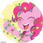 Size: 2028x2048 | Tagged: safe, artist:eltrash_art6, pinkie pie, earth pony, pony, g4, blushing, christmas, christmas lights, clothes, cute, diapinkes, eyes closed, female, holiday, icon, mare, open mouth, snow, solo, winter outfit