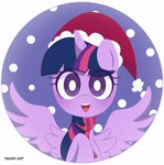 Size: 2028x2048 | Tagged: safe, artist:eltrash_art6, twilight sparkle, alicorn, pony, g4, blushing, christmas, clothes, cute, female, hat, holiday, icon, mare, santa hat, scarf, snow, solo, twiabetes, twilight sparkle (alicorn), winter outfit