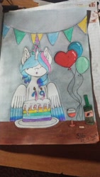 Size: 1152x2048 | Tagged: safe, artist:snowheart2004, oc, balloon, birthday, heart, heart balloon, traditional art