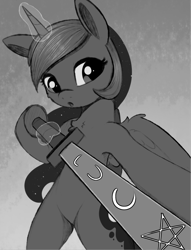 Size: 1516x1987 | Tagged: safe, artist:dusthiel, princess luna, alicorn, pony, g4, armpits, bipedal, black and white, cheek fluff, chest fluff, featureless crotch, female, gray background, grayscale, horn, human shoulders, magic, mare, monochrome, novembrush, runes, simple background, solo, sword, weapon