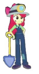 Size: 545x1024 | Tagged: safe, edit, edited screencap, screencap, apple bloom, human, equestria girls, g4, my little pony equestria girls: choose your own ending, opening night, background removed, blurry, boots, clothes, coal miner, headlamp, helmet, mining helmet, overalls, shoes, shovel, simple background, solo, transparent background