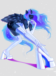 Size: 2894x3931 | Tagged: safe, artist:minamikoboyasy, princess luna, alicorn, anthro, plantigrade anthro, g4, boots, clothes, evening gloves, gloves, high res, horn, long gloves, perspective, shoes, simple background, solo, thigh boots, wings