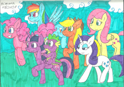 Size: 1280x906 | Tagged: safe, artist:cmara, applejack, fluttershy, pinkie pie, rainbow dash, rarity, spike, twilight sparkle, alicorn, dragon, pegasus, pony, unicorn, g4, dragons riding ponies, female, horn, male, mane seven, mane six, outdoors, riding, riding a pony, spike riding twilight, stroll, twilight sparkle (alicorn), winged spike, wings