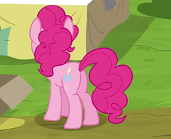 Size: 820x665 | Tagged: safe, pinkie pie, earth pony, pony, g4, balloonbutt, butt, female, outdoors, rear view, solo, tail