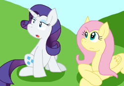 Size: 1218x855 | Tagged: safe, artist:cmara, fluttershy, rarity, pegasus, unicorn, g4, duo, duo female, female, horn, outdoors