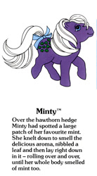 Size: 550x1000 | Tagged: safe, minty (g1), earth pony, pony, g1, my little pony fact file, official, bow, closed mouth, color error, cute, error, female, g1 backstory, g1 mintabetes, mare, open mouth, open smile, smiling, solo, tail, tail bow, text, walking