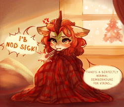 Size: 2953x2551 | Tagged: safe, artist:polnocnykot, autumn blaze, kirin, g4, awwtumn blaze, bed, blanket, blanket burrito, blushing, christmas, christmas tree, cute, ear fluff, emanata, female, floppy ears, frown, heat, holiday, pillow, plaid, runny nose, sick, sitting, snow, snowfall, solo, speech bubble, talking, talking to viewer, teeth, text, thermometer, tree, window, winter