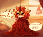 Size: 2953x2551 | Tagged: safe, artist:polnocnykot, autumn blaze, kirin, g4, awwtumn blaze, bed, blanket, blanket burrito, blushing, christmas, christmas tree, cross-popping veins, cute, ear fluff, emanata, female, floppy ears, frown, heat, holiday, indoors, muffled words, pillow, plaid, runny nose, sick, sitting, snow, snowfall, solo, speech bubble, talking, talking to viewer, teeth, text, thermometer, tree, window, winter