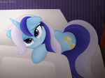 Size: 4032x3011 | Tagged: safe, artist:rainbowšpekgs, minuette, pony, unicorn, g4, armchair, chair, cute, dock, female, horn, indoors, lidded eyes, looking at you, lying down, minubetes, sleepy, smiling, solo, tail, vase