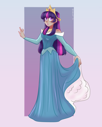 Size: 2800x3500 | Tagged: safe, artist:skyboomart, twilight sparkle, human, g4, clothes, cosplay, costume, crossover, crown, cute, dress, ear piercing, earring, female, gown, gradient background, humanized, jewelry, lipstick, makeup, petticoat, piercing, princess aurora, princess costume, princess dress, regalia, sleeping beauty, solo, twiabetes