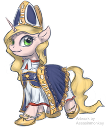 Size: 1137x1368 | Tagged: safe, artist:assasinmonkey, oc, oc:benevelle, pony, unicorn, au:eqcl, clothes, female, horn, mare, mitre, robe, shoes, simple background, solo, white background