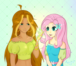 Size: 1864x1640 | Tagged: safe, artist:kurppi, fluttershy, butterfly, human, equestria girls, g4, crossover, cute, duo, female, flora (winx club), magic, winx club