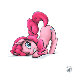 Size: 2523x2523 | Tagged: safe, artist:mysticalpha, pinkie pie, earth pony, pony, g4, ass up, face down ass up, female, grin, high res, mare, one eye closed, signature, simple background, smiling, solo, tail, tail aside, white background